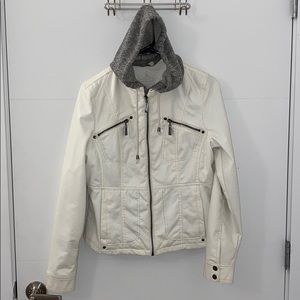 white leather jacket with removable hood